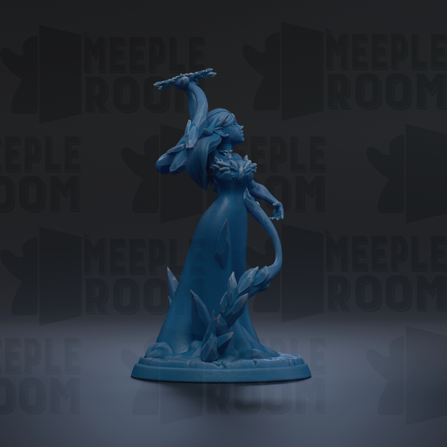 A blue figurine of a woman with a long, flowing dress and a crown on her head, standing on a pedestal and holding a staff.