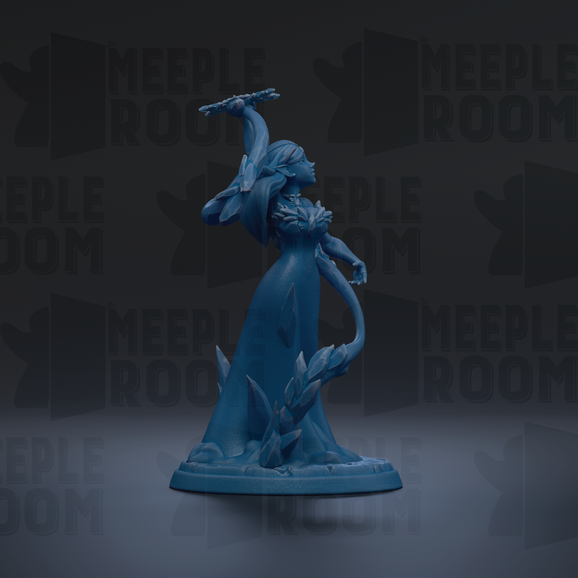 A blue figurine of a woman with a long, flowing dress and a crown on her head, standing on a pedestal and holding a staff.