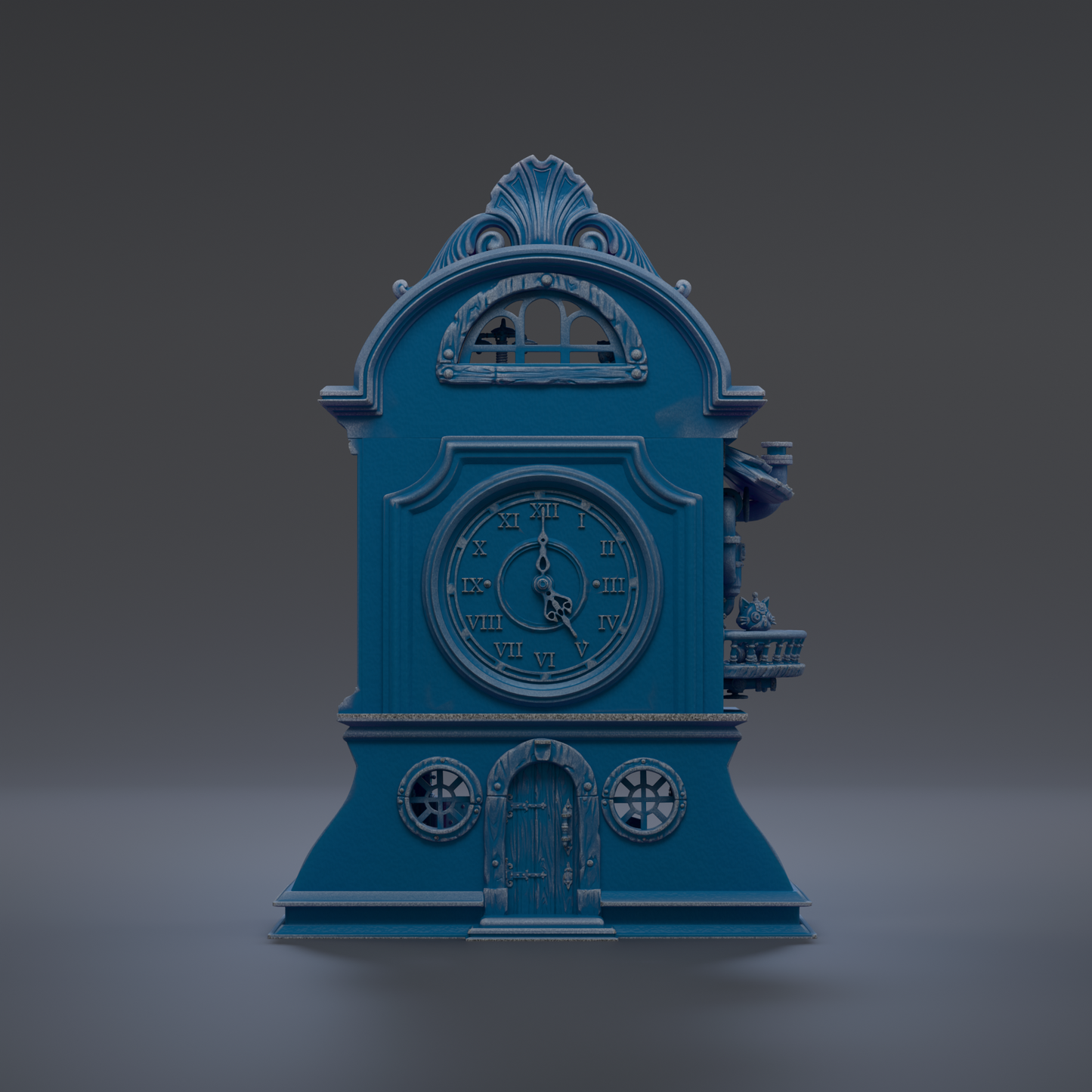A blue, ornate clock with a clock face and a decorative finial on top, standing on a pedestal.