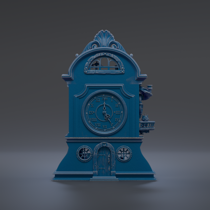 A blue, ornate clock with a clock face and a decorative finial on top, standing on a pedestal.