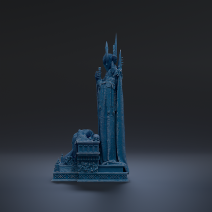 A dark blue statue of a figure holding a sword and shield stands on a pedestal against a dark background.