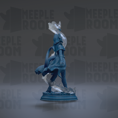 A blue statue of a person with flowing hair and a flowing skirt, standing on a blue base and holding a white object.