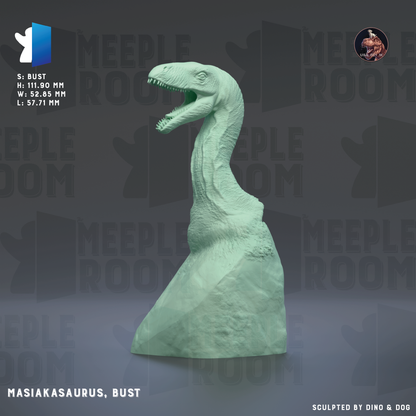 a bust of the Masiakasaurus, a dinosaur species, with the text "MEEPLE ROOM" and "MEEPLE ROOM" repeated multiple times in the background.