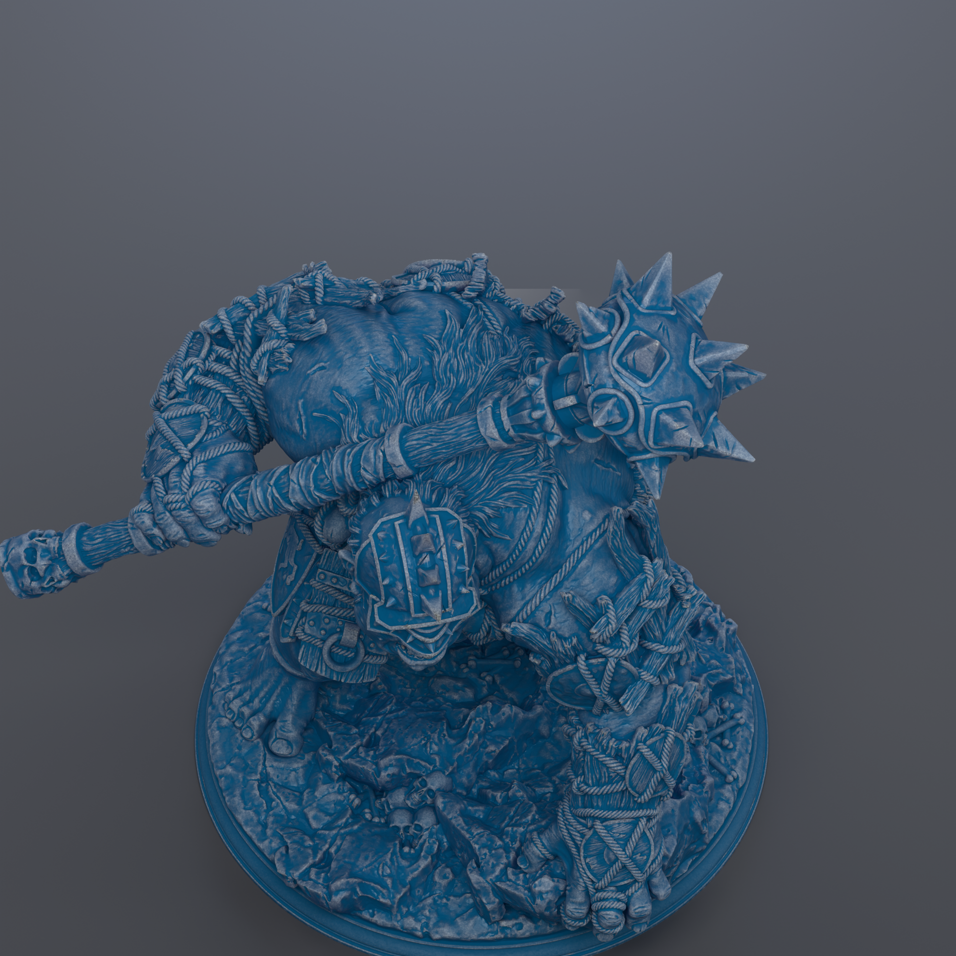 A 3D rendering of a blue, armored figure with spikes and a helmet, standing on a base.