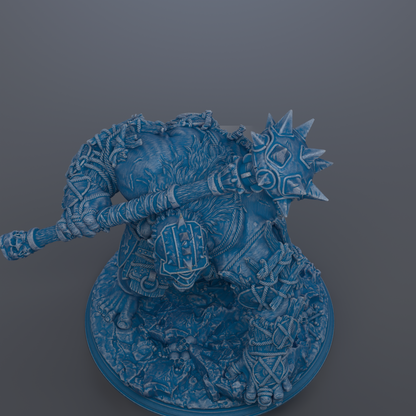 A 3D rendering of a blue, armored figure with spikes and a helmet, standing on a base.