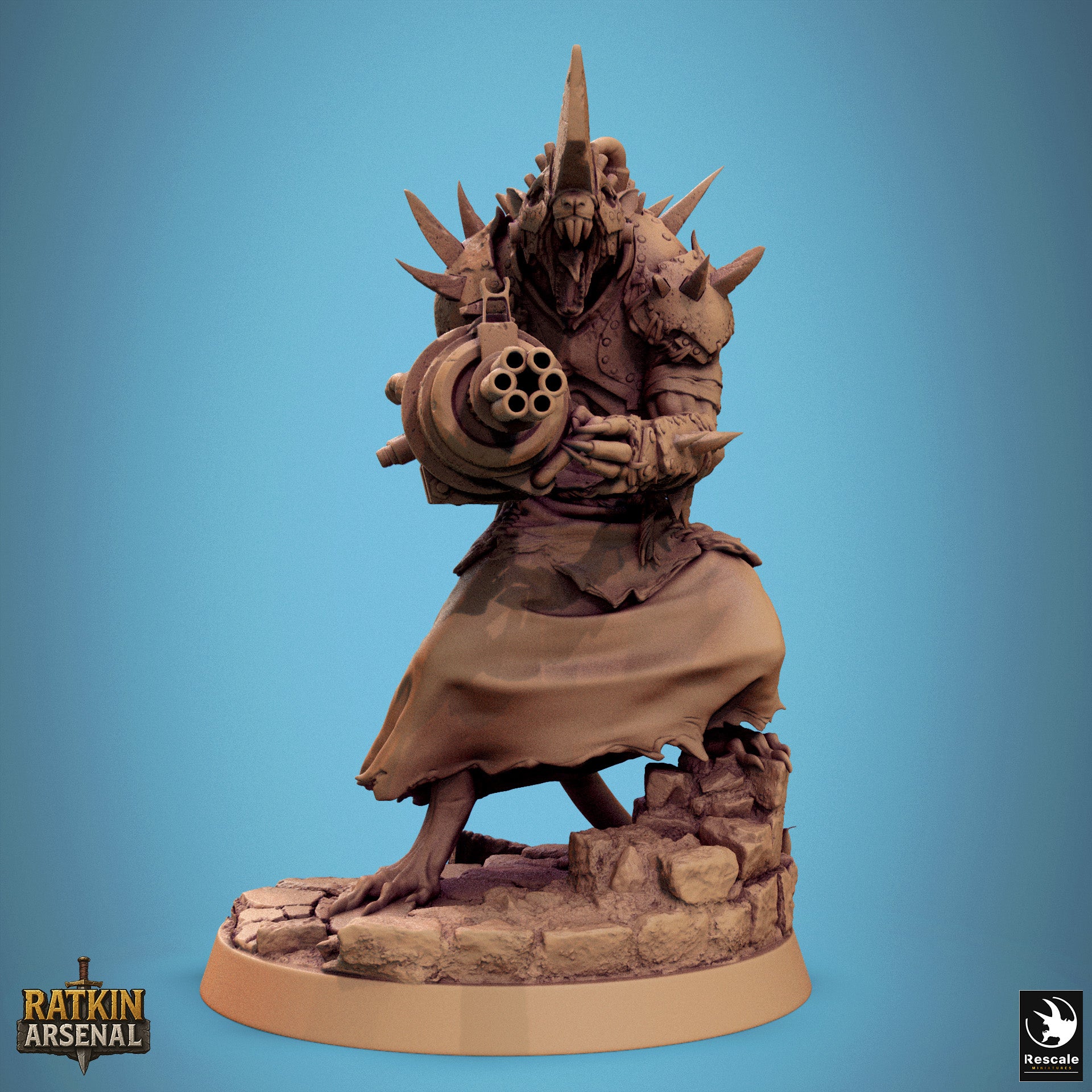 A 3D rendering of a heavily armored and armed character, possibly a monster or a dragon-like creature, standing on a rocky base against a blue background.