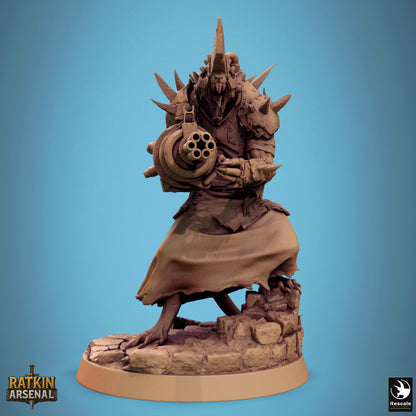 A 3D rendering of a heavily armored and armed character, possibly a monster or a dragon-like creature, standing on a rocky base against a blue background.