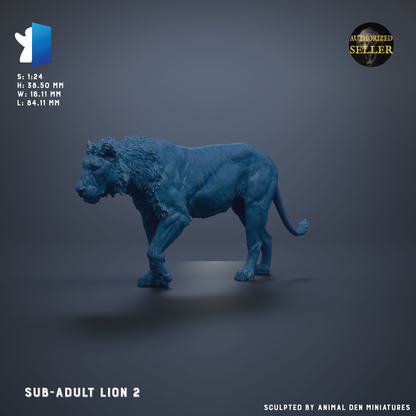 The image is a 3D rendering of a sub-adult lion statue, with a dark blue color and a realistic pose.