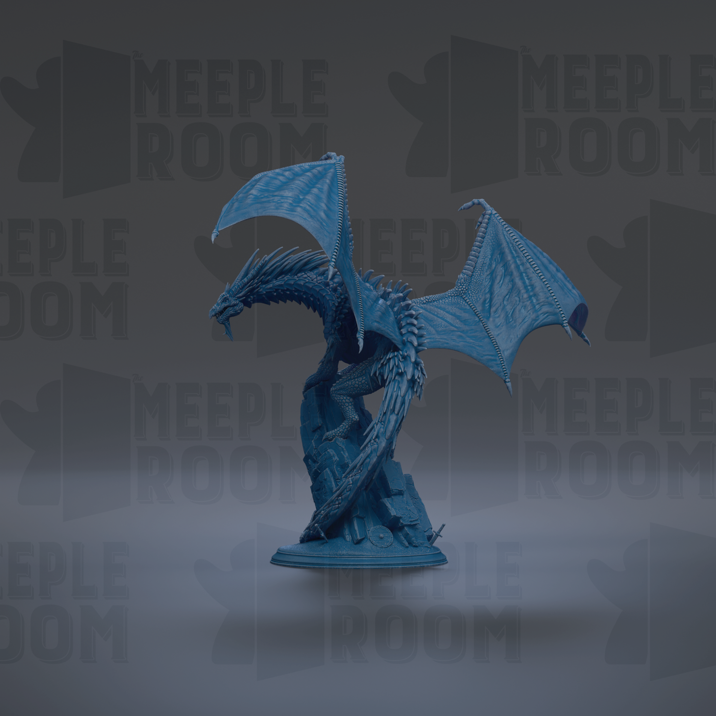 A blue dragon figurine is shown against a dark background with repeated text.