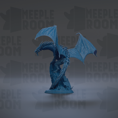 A blue dragon figurine is shown against a dark background with repeated text.