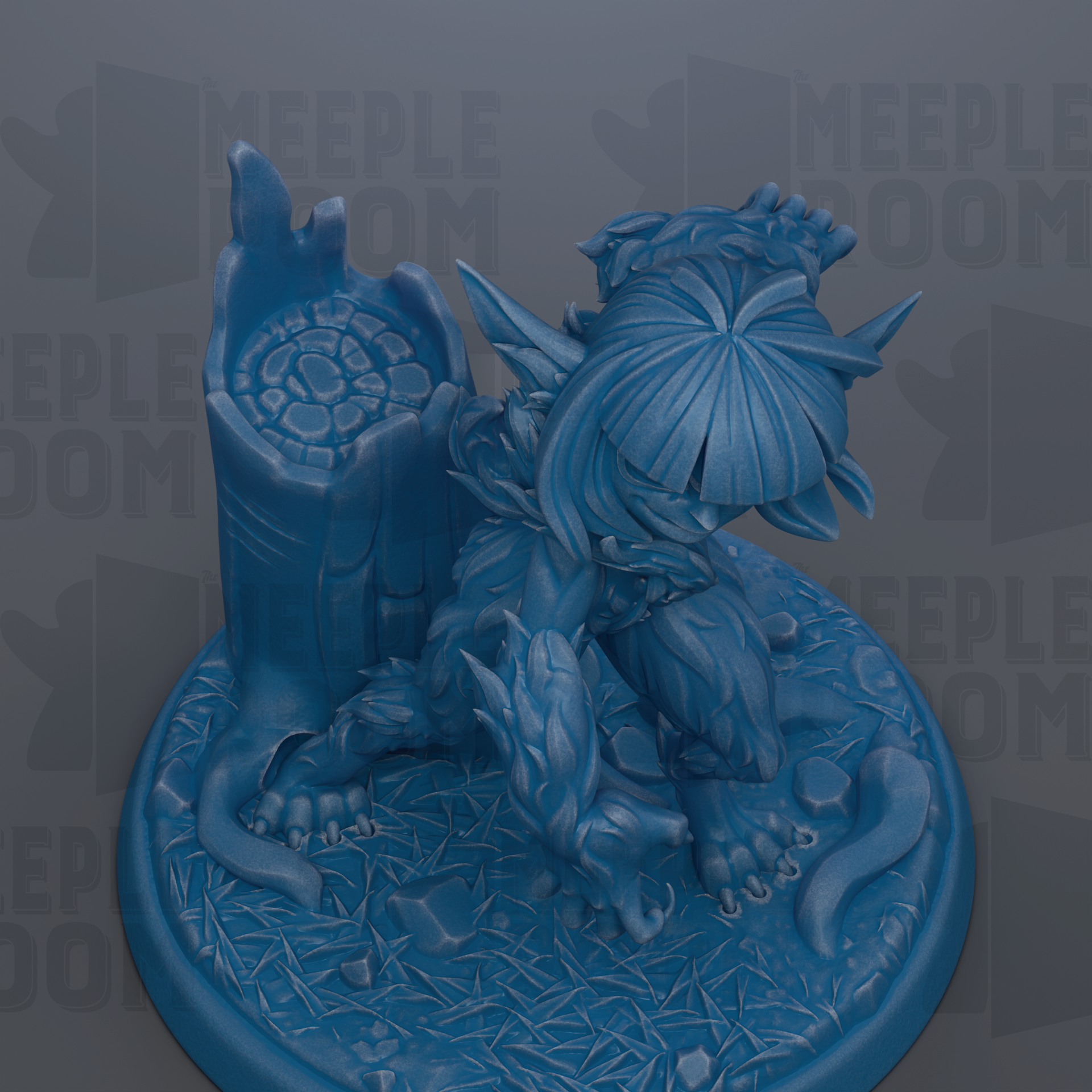 A 3D rendering of a blue, fantastical creature with intricate, organic shapes and textures, sitting on a base with a textured surface.
