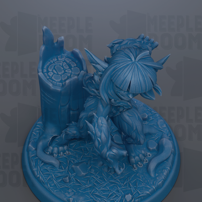 A 3D rendering of a blue, fantastical creature with intricate, organic shapes and textures, sitting on a base with a textured surface.