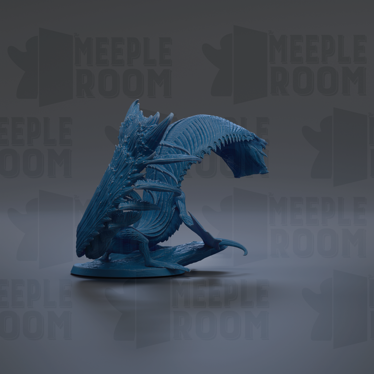 A blue, 3D-rendered dragon figurine is shown against a dark background with repeated text.