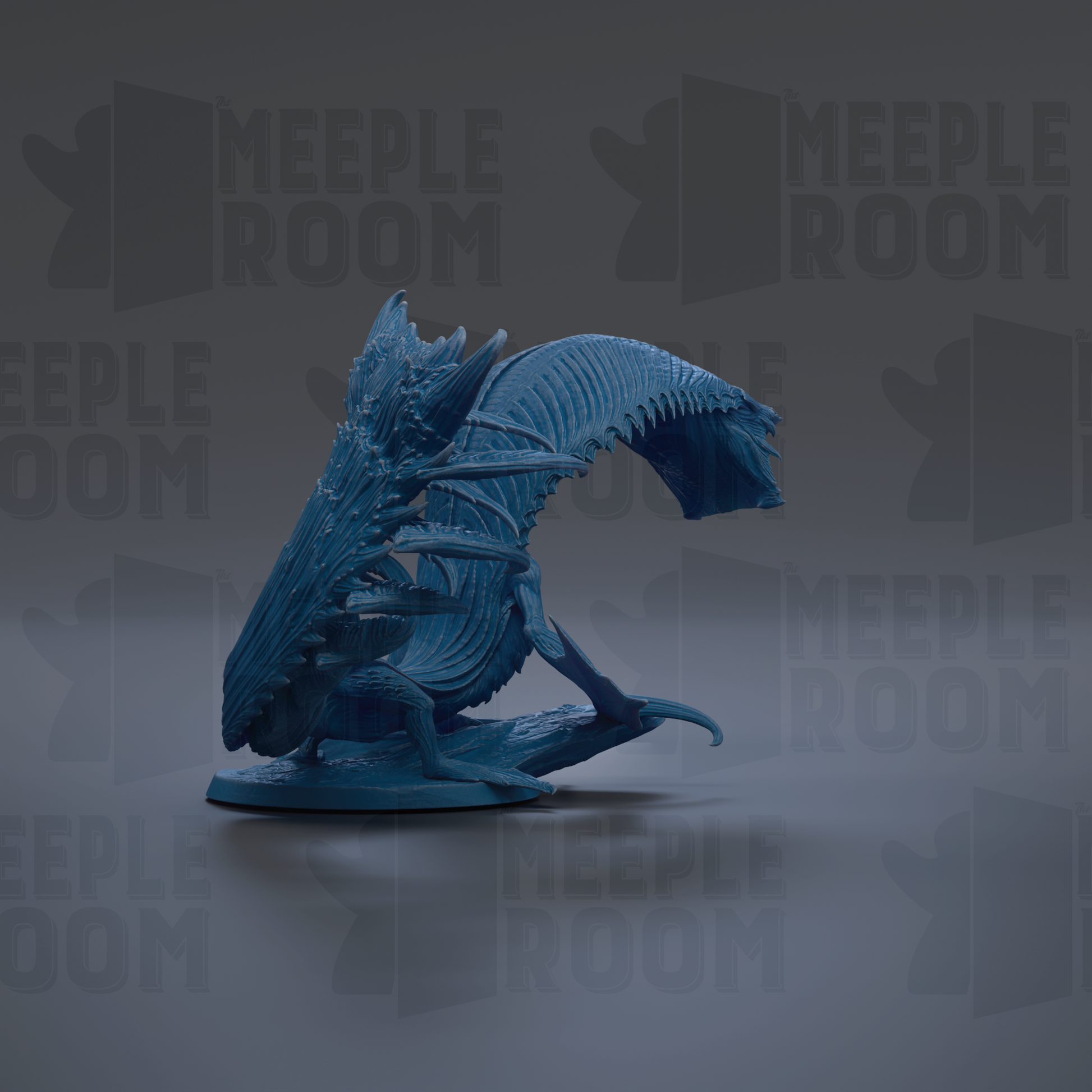 A blue, 3D-rendered dragon figurine is shown against a dark background with repeated text.