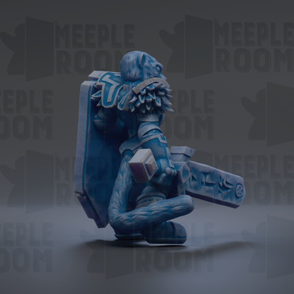 A 3D rendering of a blue armored figure holding a shield and a sword, with the text "MEUPLE ROOM" repeated in the background.