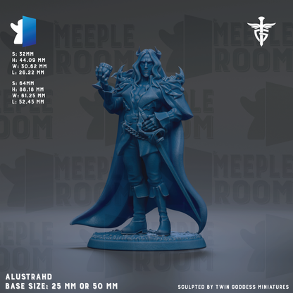The image is a figurine of a character with long hair and horns, standing in a pose with a sword in hand. The figurine is described as being in a blue color and is shown in a 3D rendering. The base size of the figurine is 25 mm or 50 mm.