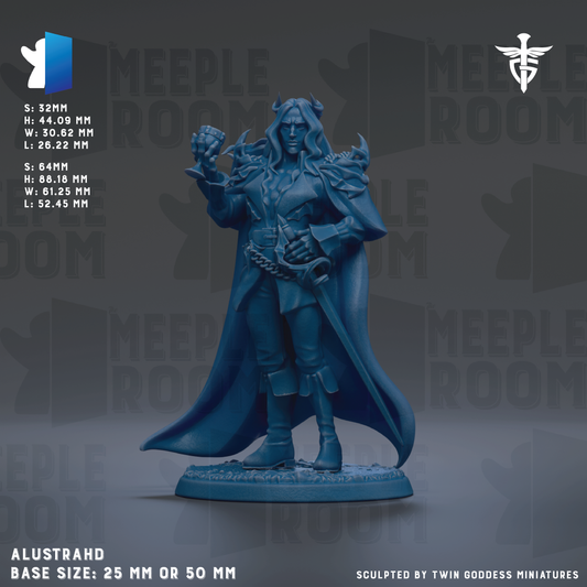 The image is a figurine of a character with long hair and horns, standing in a pose with a sword in hand. The figurine is described as being in a blue color and is shown in a 3D rendering. The base size of the figurine is 25 mm or 50 mm.