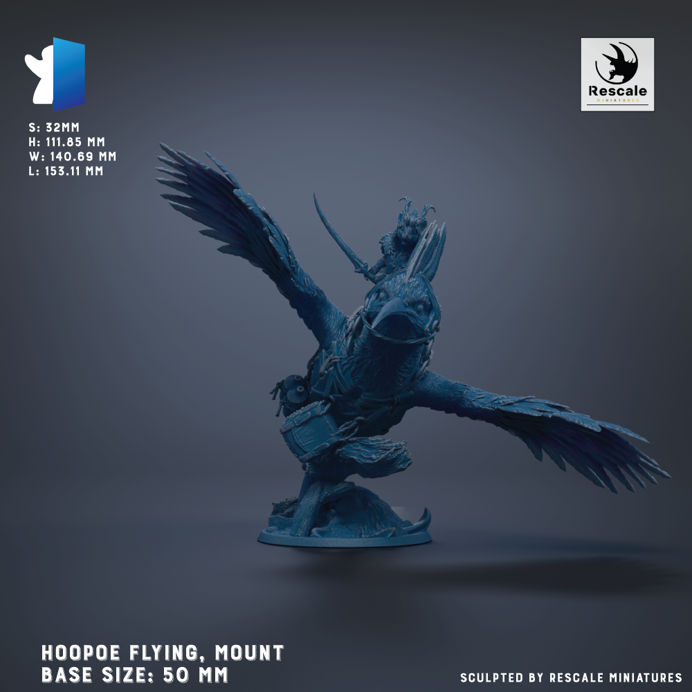 The image is a 3D model of a Hoopoe, a mythical creature with the body of a bird and the head of a dragon. The Hoopoe is depicted in a dynamic pose, with its wings spread wide and its tail feathers fanned out. The base of the Hoopoe is described as being 50 millimeters in size. The image is a mounted version of the Hoopoe, and it is sculpted by Rescale miniatures.