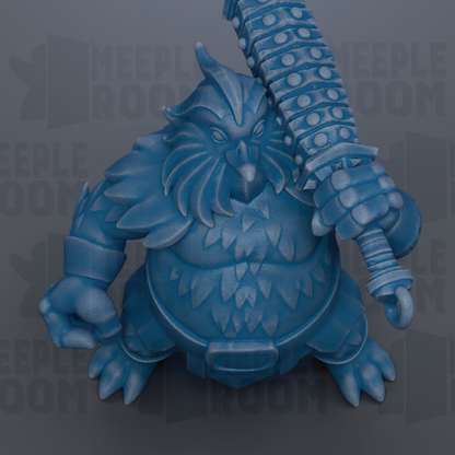 A blue, cartoonish creature with a large head and a long, curved weapon in its hands.