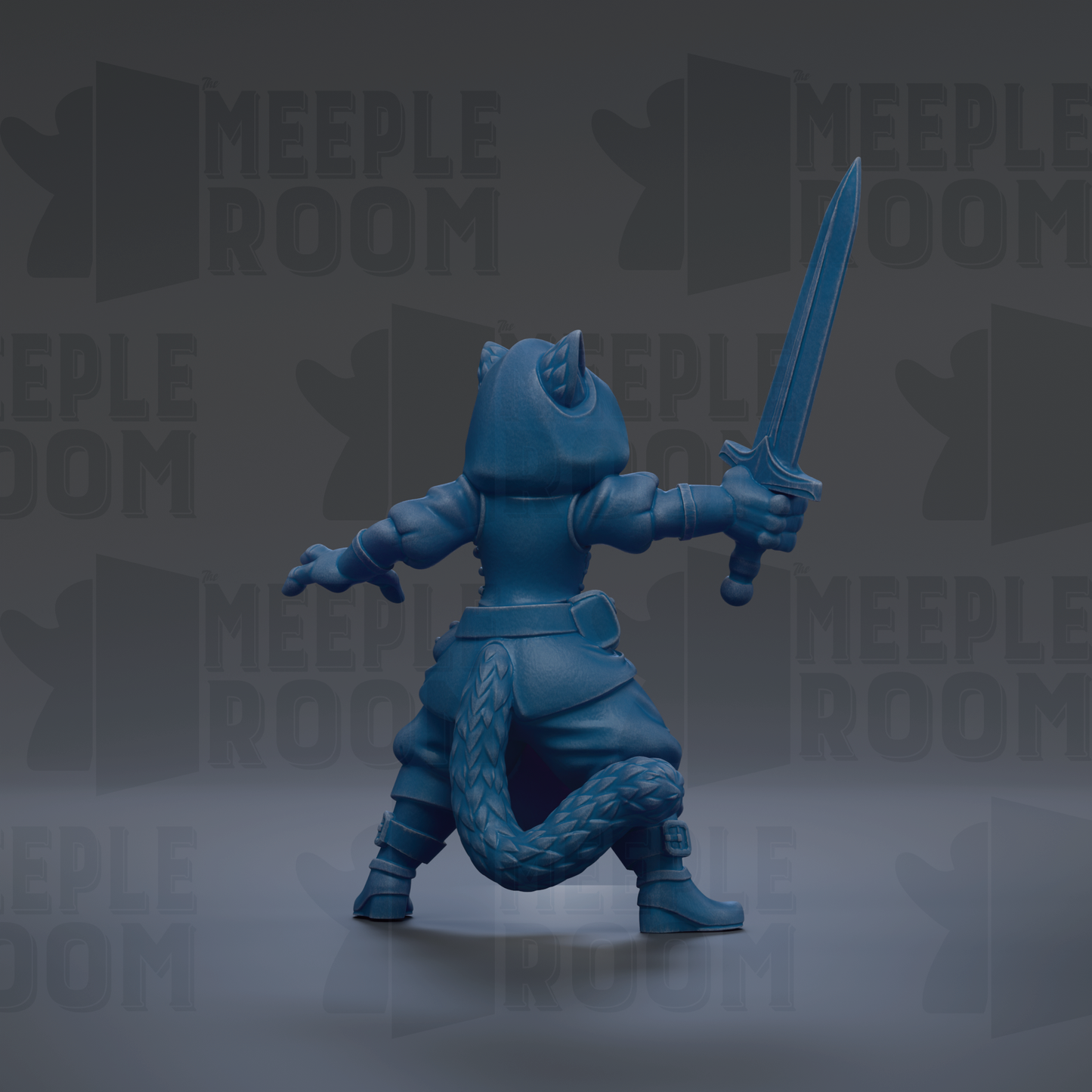 A blue toy figurine holding a sword and standing in a fighting stance.