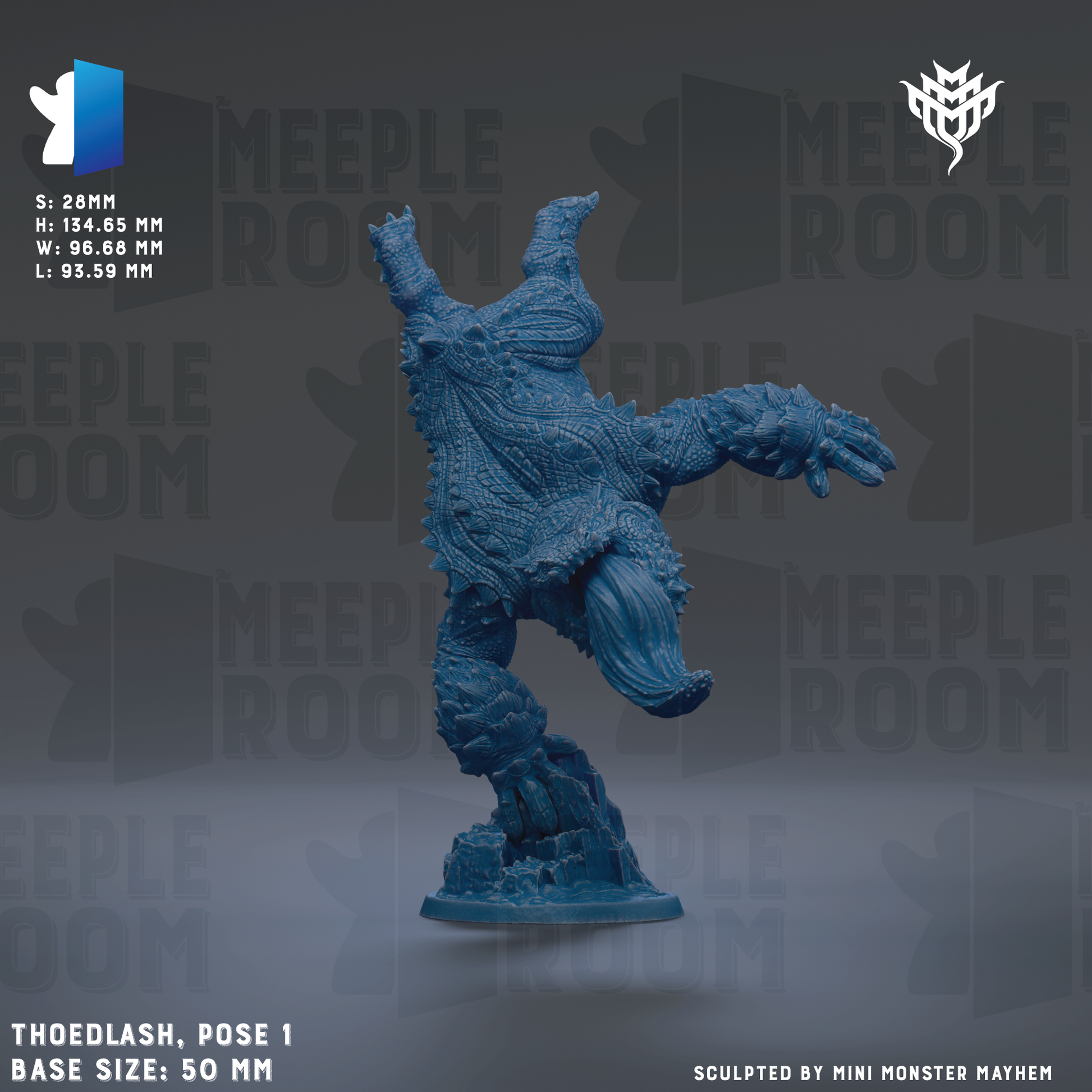 a blue figurine of a creature with horns and a long tail, posed in a dynamic, standing position. The figurine is described as "Theodash, Pose 1" and is "Base Sizes: 50 mm". The image is a collage of multiple images, and it is described as "Sculpted by Mini Monster Mayhem".