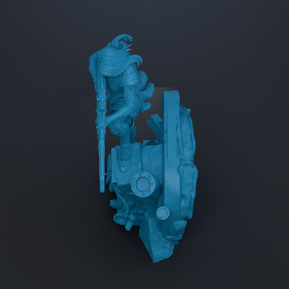 A 3D rendering of a blue, stylized figure with flowing hair and a weapon, set against a dark background.