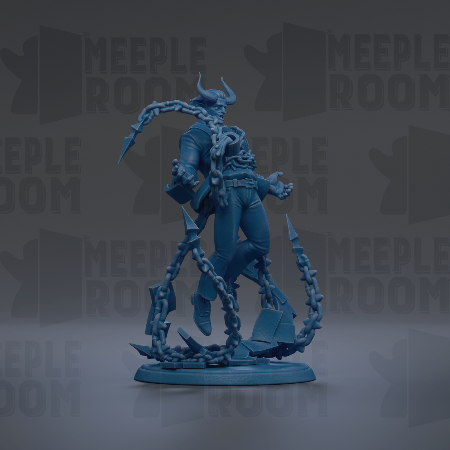 A blue figurine of a person with horns and chains, standing on a base.