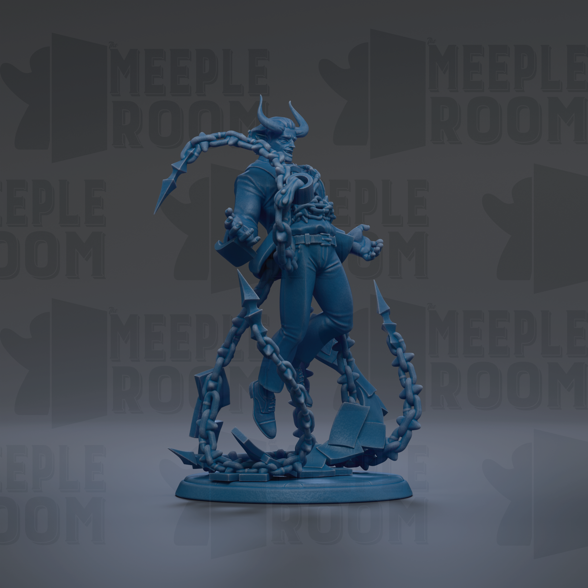 A blue figurine of a person with horns and chains, standing on a base.