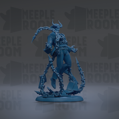 A blue figurine of a person with horns and chains, standing on a base.
