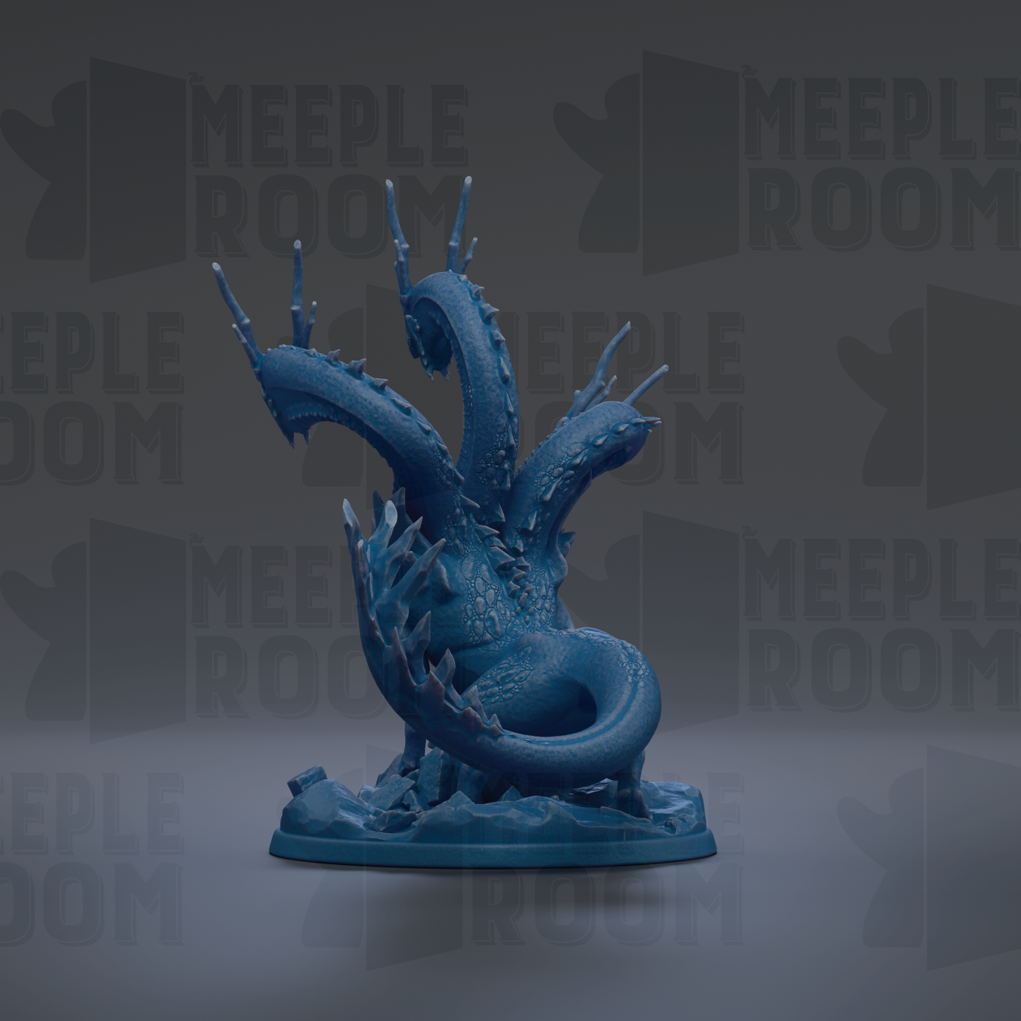 A blue, three-headed monster figurine is displayed against a dark background with repeated text.