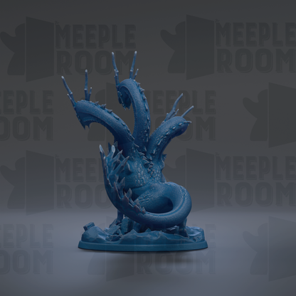 A blue, three-headed monster figurine is displayed against a dark background with repeated text.