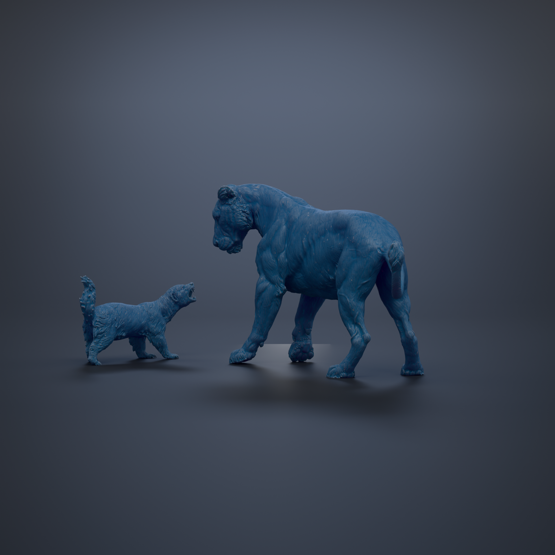 two blue animal statues, one larger and one smaller, positioned against a dark background.