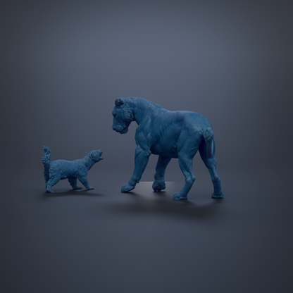 two blue animal statues, one larger and one smaller, positioned against a dark background.