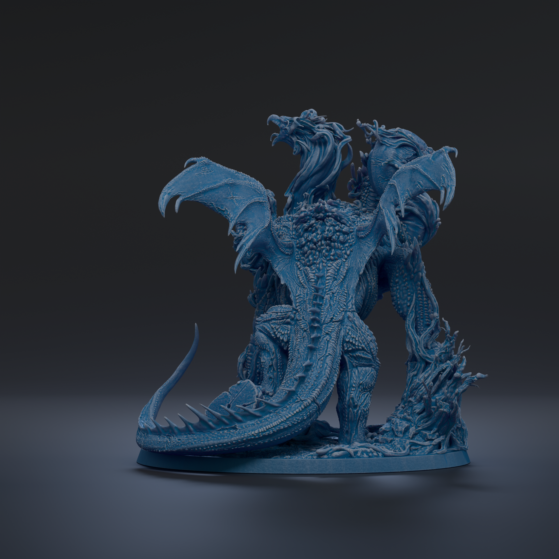 A detailed 3D rendering of a blue dragon statue with intricate scales and wings, standing on a base.