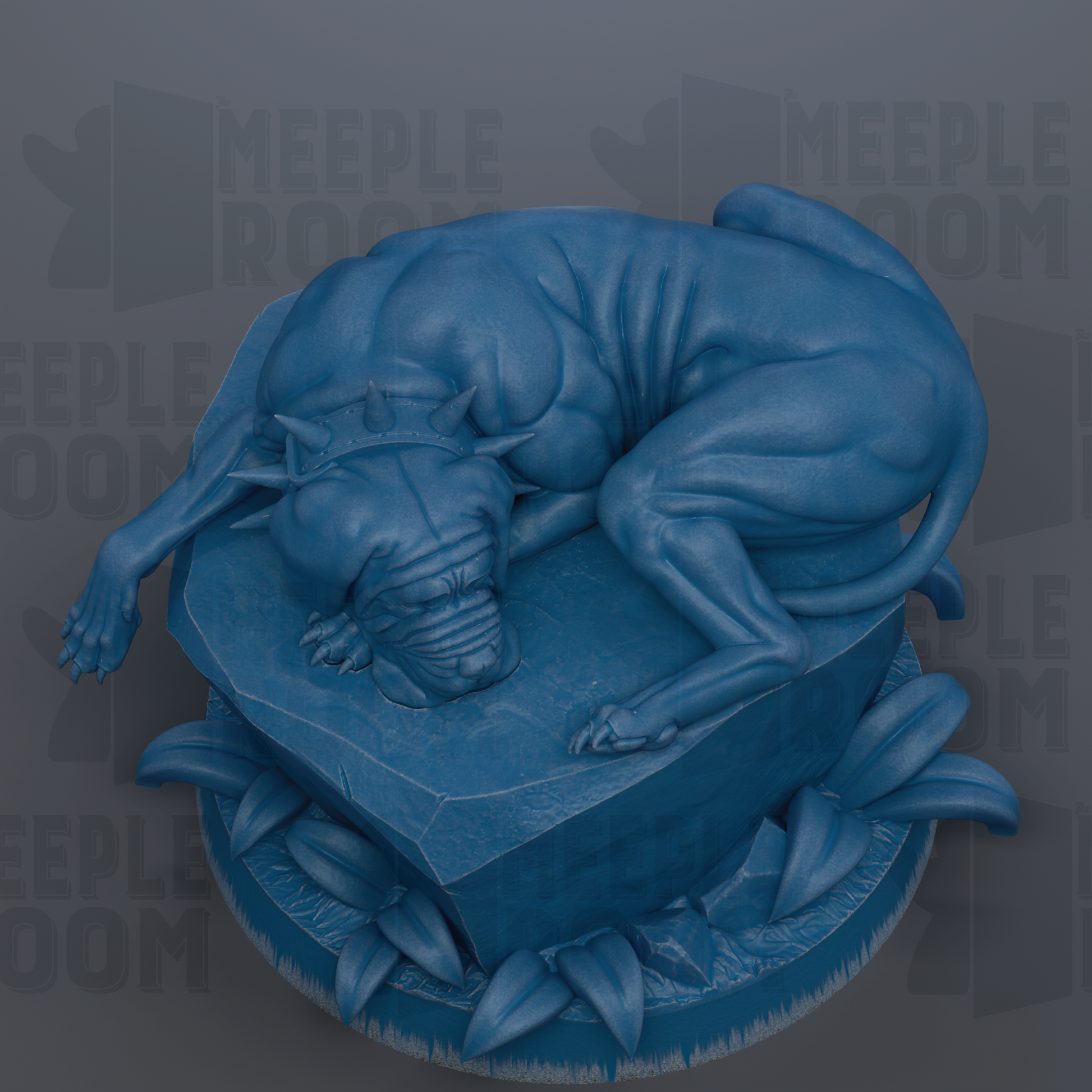 A blue, sculpted statue of a dog lying on a rock, surrounded by leaves.
