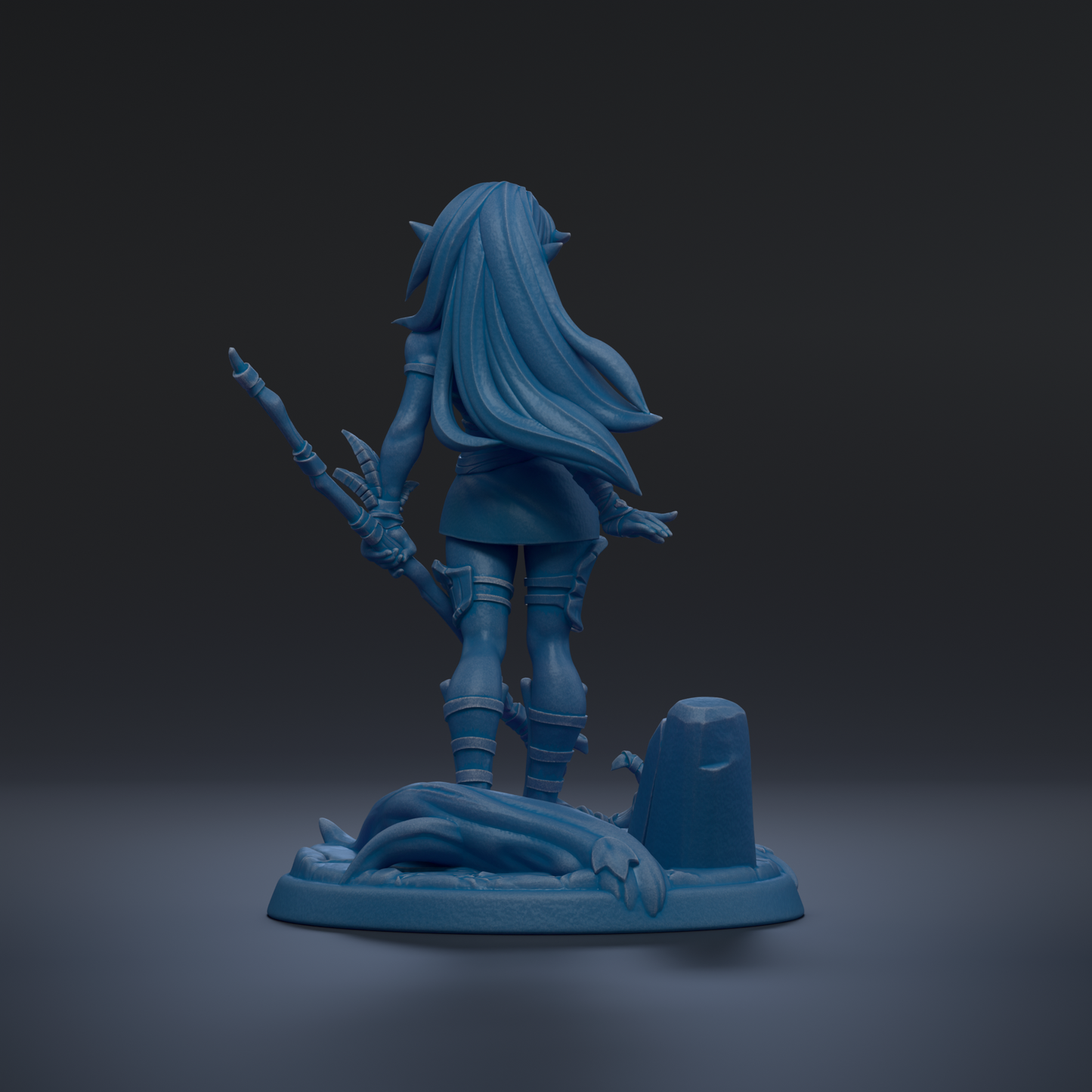 A blue 3D model of a female character with long hair, holding a weapon, standing on a base with a rock and a dragon.