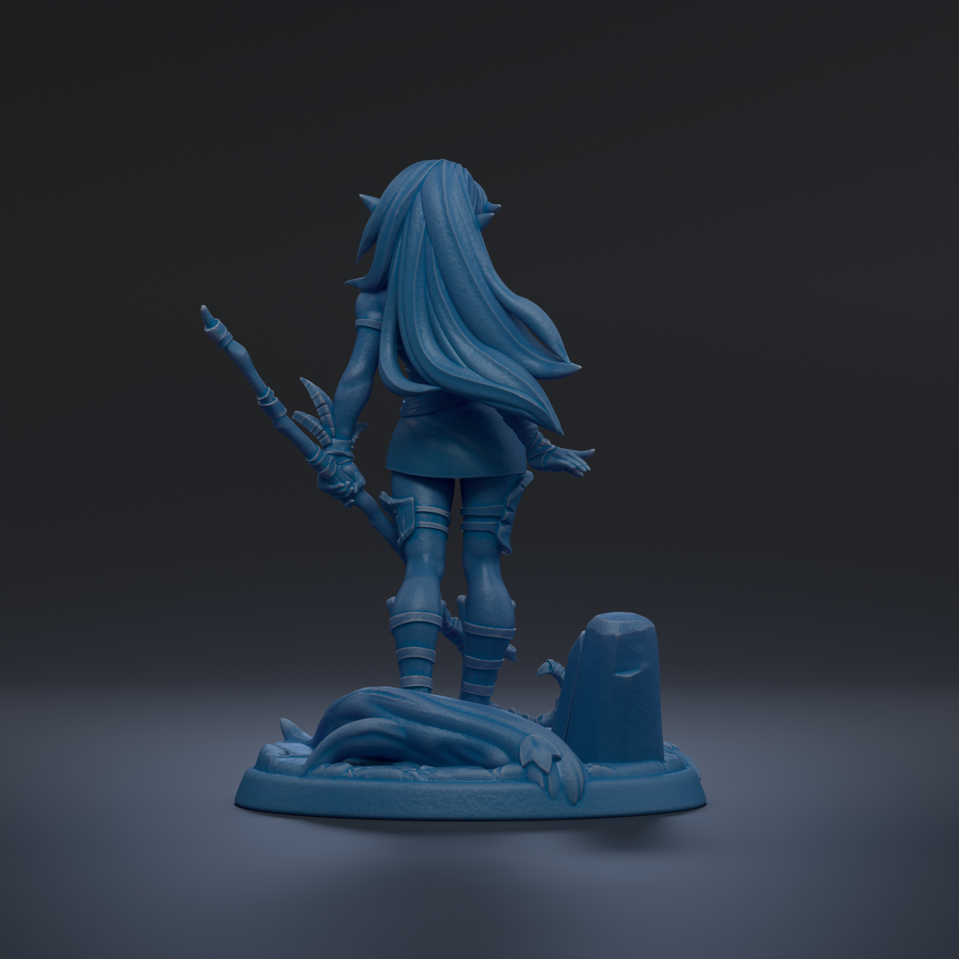 A blue 3D model of a female character with long hair, holding a weapon, standing on a base with a rock and a dragon.