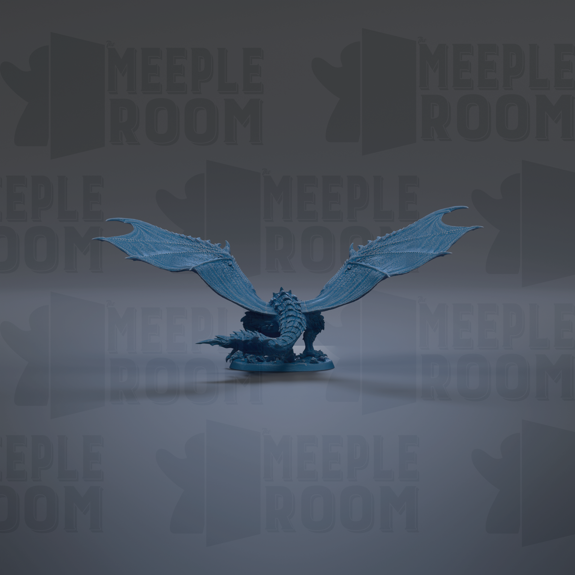 A blue dragon figurine with wings spread, sitting on a base, against a dark background with repeated text.