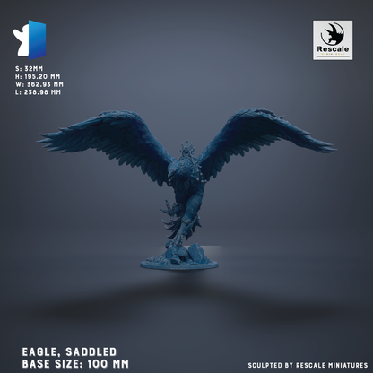 a large, detailed statue of a majestic eagle, with its wings spread wide and perched on a rock formation. The eagle is shown in a dynamic pose, with its head turned to the side. The statue is set against a dark background, which emphasizes its grandeur and scale. The image is a realistic representation of the eagle, capturing its intricate features and the scale of its wingspan.