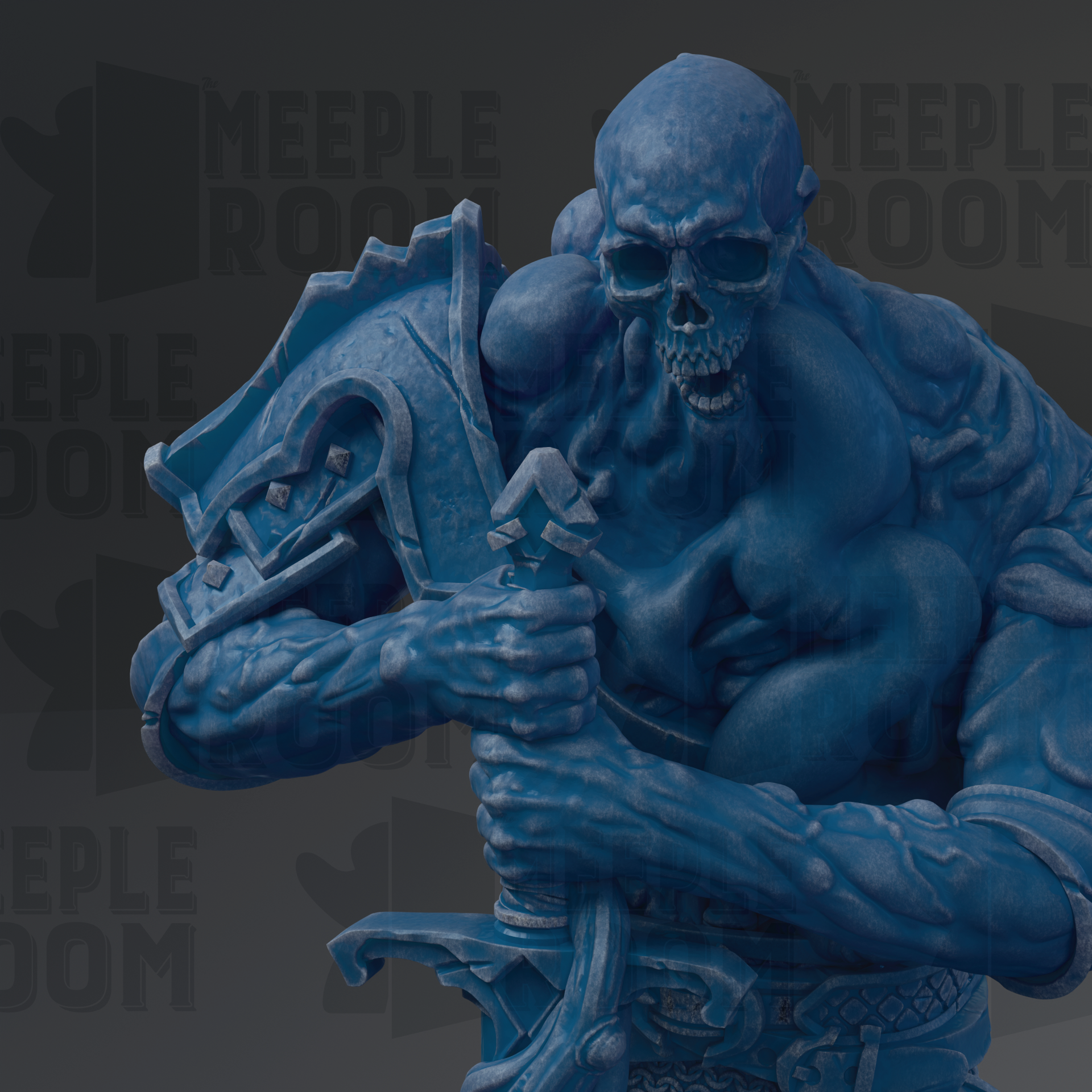 A blue, skull-like statue with a sword in its hand, set against a dark background with the text "MEUPLE ROOM" repeated multiple times.