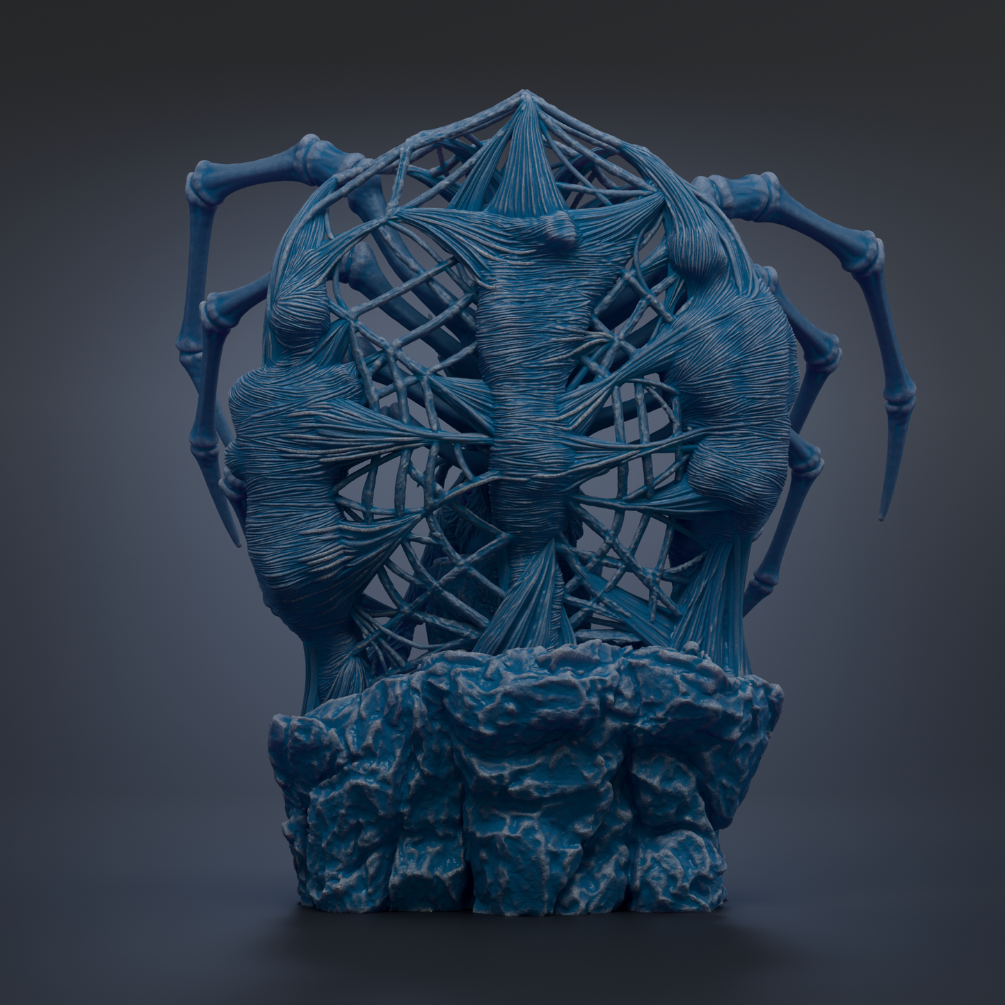 a 3D rendering of a blue, abstract sculpture with a complex, intricate design.