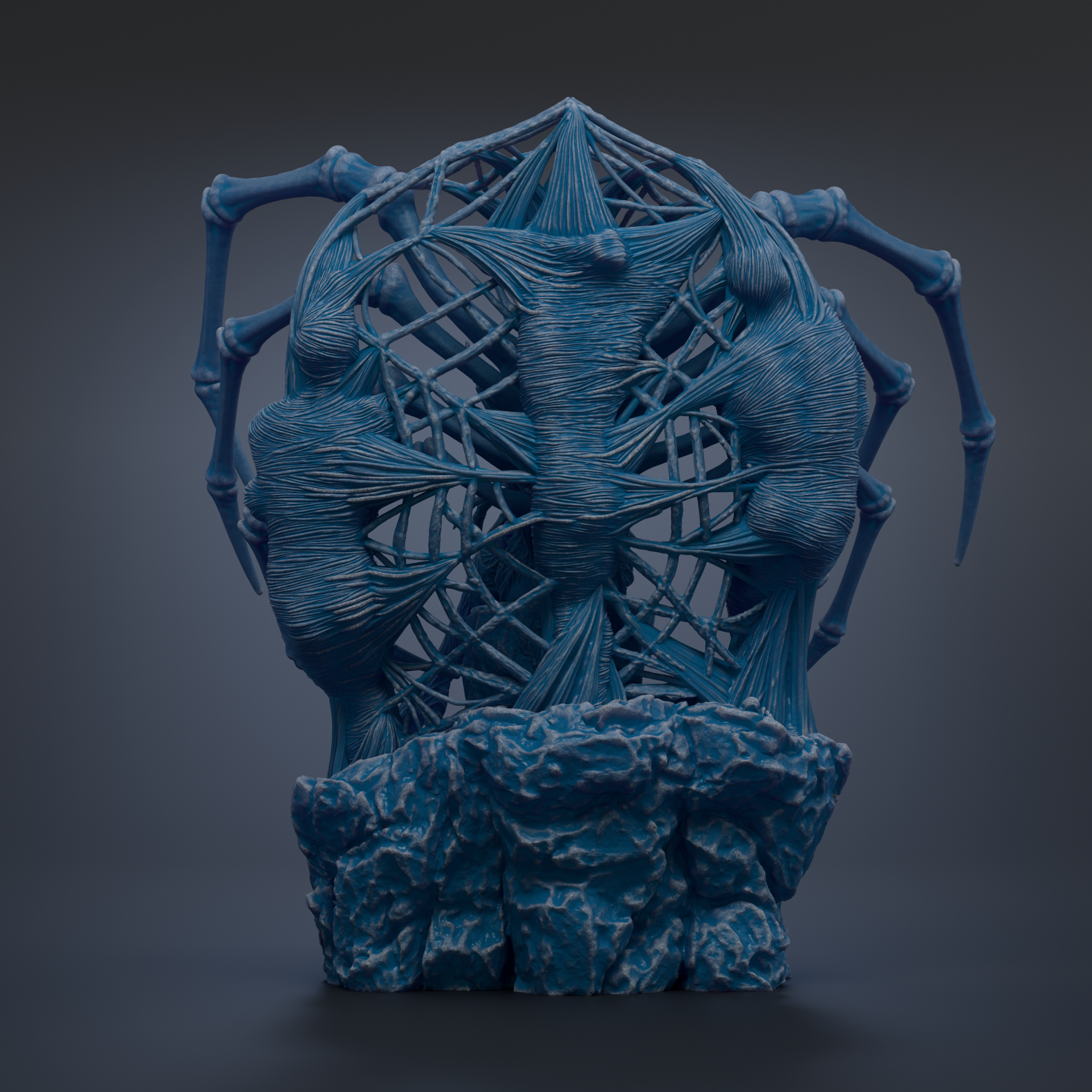 a 3D rendering of a blue, abstract sculpture with a complex, intricate design.