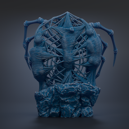 a 3D rendering of a blue, abstract sculpture with a complex, intricate design.