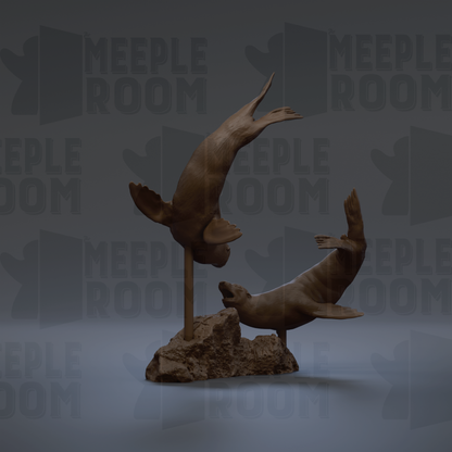 A 3D rendering of a pair of seals, one standing upright and the other in mid-air, against a dark background with repeated text.