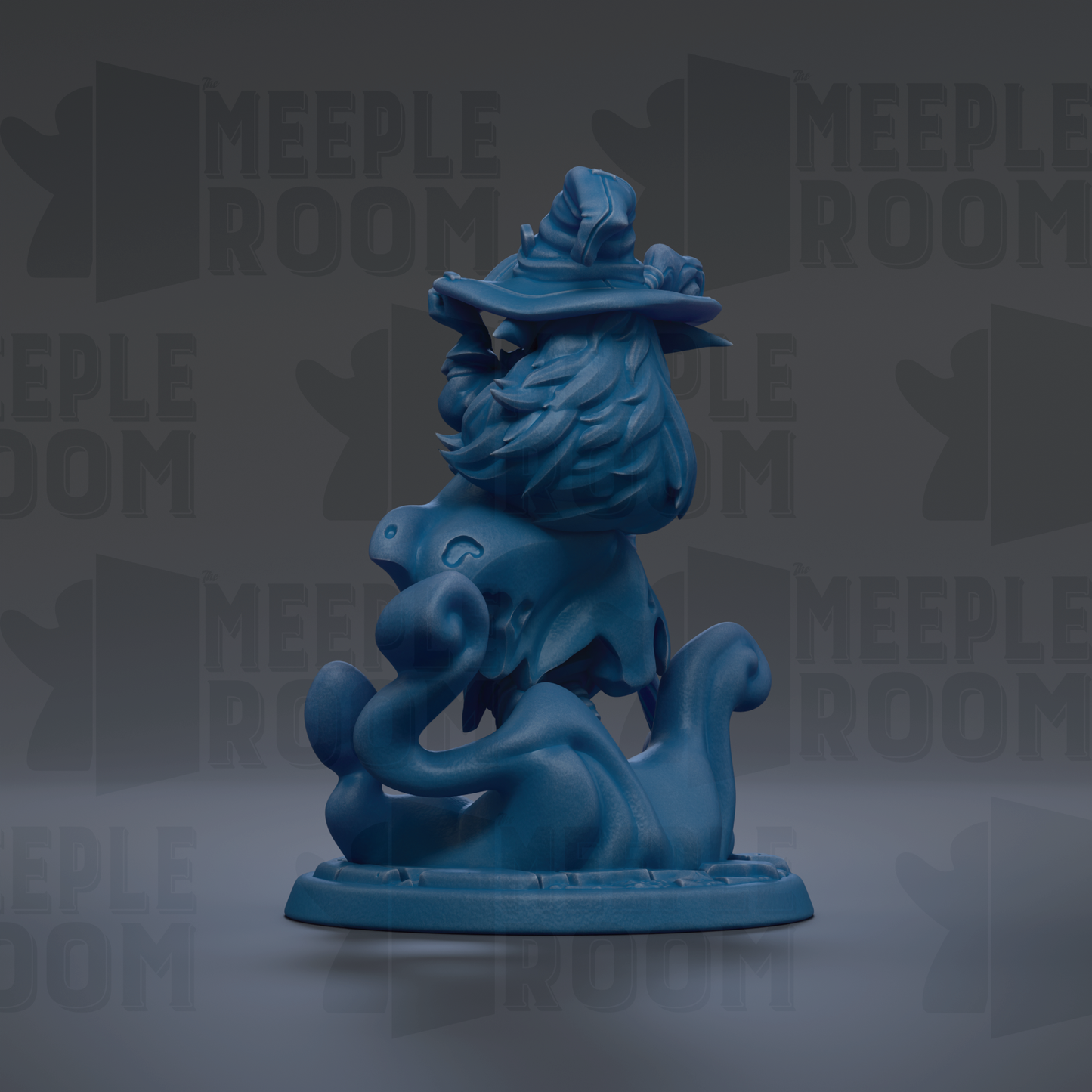 A blue, whimsical figurine of a creature with a pointed hat and long hair, sitting on a base.