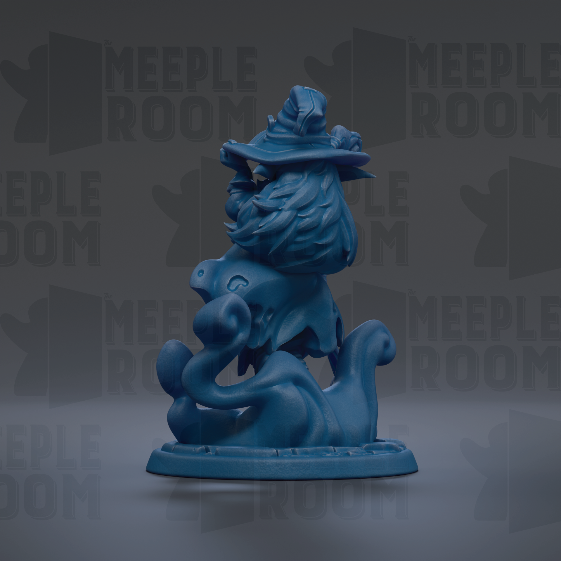 A blue, whimsical figurine of a creature with a pointed hat and long hair, sitting on a base.