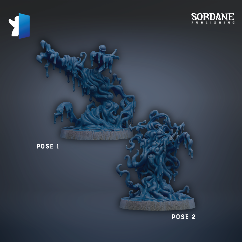 two blue, abstract sculptures with flowing, organic shapes and dripping, liquid-like elements.