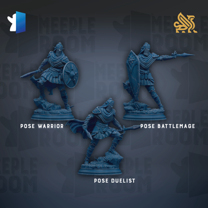 three blue figurines of warrior characters, each in a different pose, arranged against a dark background with repeated text.