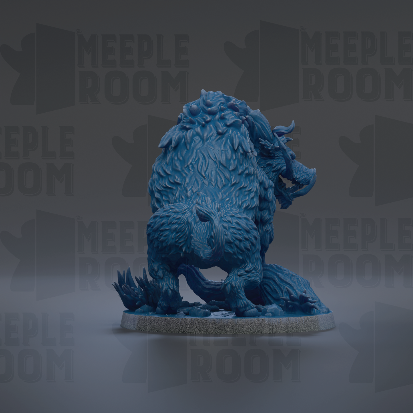A blue, furry creature resembling a dragon or mythical beast is depicted in the center of the image, surrounded by a dark background with repeated text.