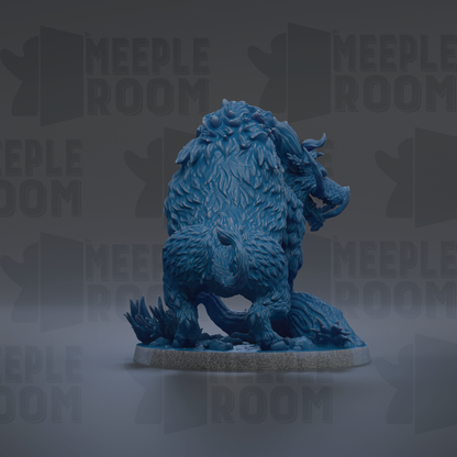 A blue, furry creature resembling a dragon or mythical beast is depicted in the center of the image, surrounded by a dark background with repeated text.